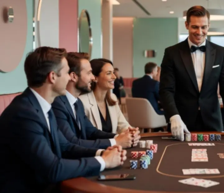 Professioneller Croupier, der ein Poker-Event für Unternehmen betreut