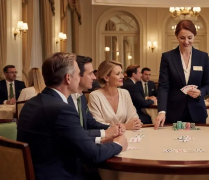 Professioneller Eventbetreuer von Raumblick erklärt Gästen die Spielregeln an einem Pokertisch
