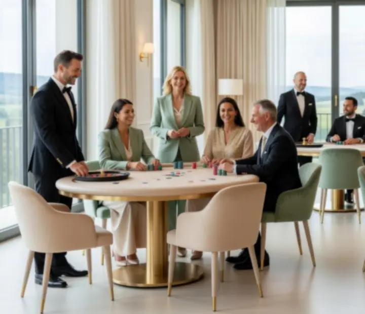 Eleganter Casinoabend mit Poker- und Roulette-Tischen als Eventunterhaltung