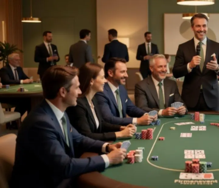 Mitarbeiter und G&auml;ste beim Poker-Firmenevent an stilvoll gedeckten Tischen