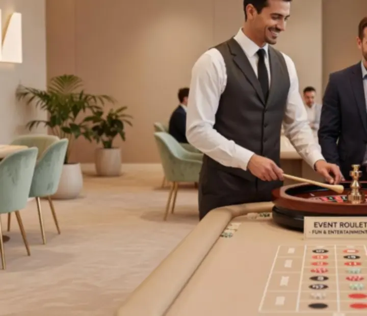Professioneller Croupier betreut einen Roulette-Tisch bei einem Event