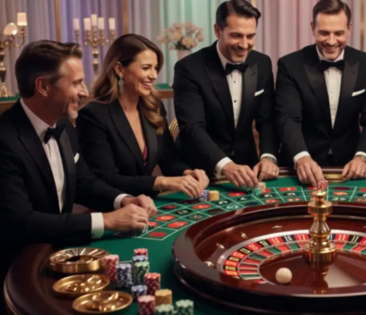Gäste an einem Roulette-Tisch, die mit Spielchips setzen